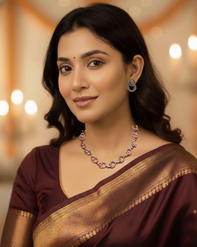 model wearing Adjustable Bolo Bracelet Earring Combo, CZ Stone Interlinked Loop Jewelry Set, Everyday Wear Rose Gold Gifting