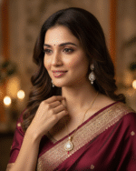 model wearing Simple Gold Pendent Chain for Gifting, Full view of Trending Diamond Look Necklace