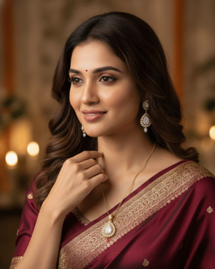 model wearing Simple Gold Pendent Chain for Gifting, Full view of Trending Diamond Look Necklace